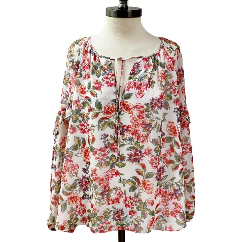 Flowy Floral Peasant Adrienne Vittadini Blouse XL Watercolor Ruffle Feminine